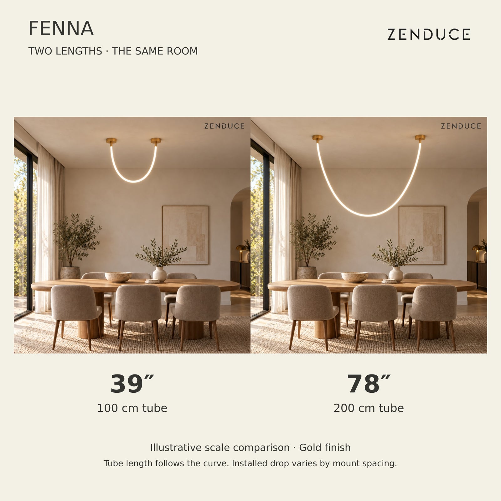 FENNA 39-inch and 78-inch gold tube lengths compared in the same real-life dining room setting; illustrative scale, with installed drop dependent on mount spacing