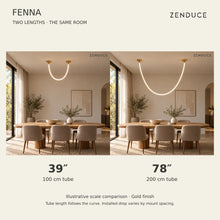 FENNA 39-inch and 78-inch gold tube lengths compared in the same real-life dining room setting; illustrative scale, with installed drop dependent on mount spacing