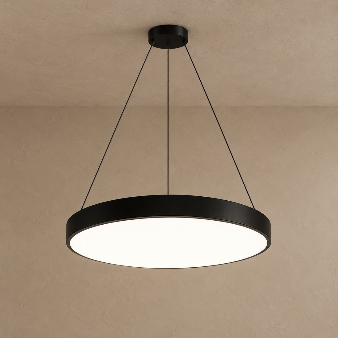 GIA black round pendant with white diffuser on mushroom taupe plaster