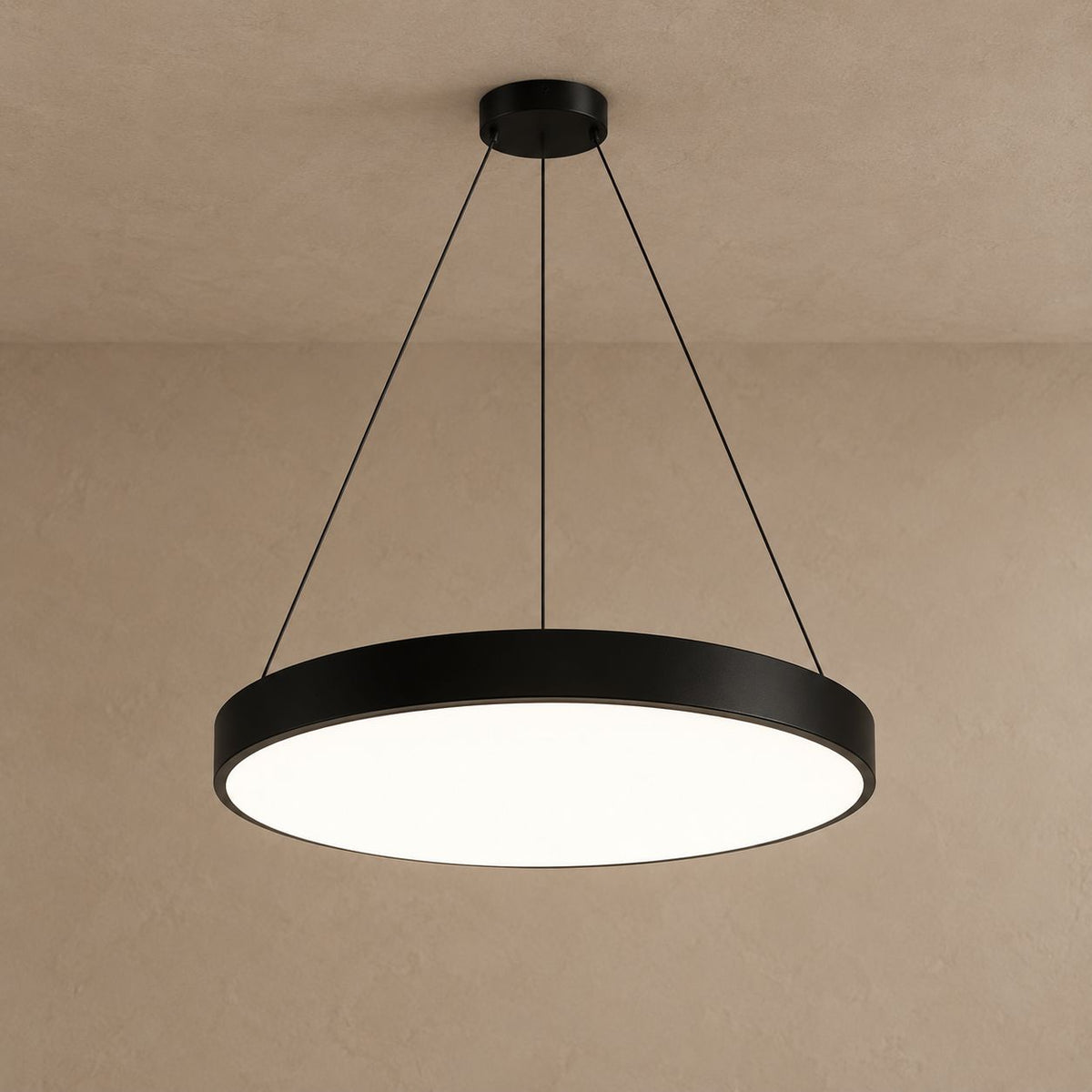 GIA black round pendant with white diffuser on mushroom taupe plaster