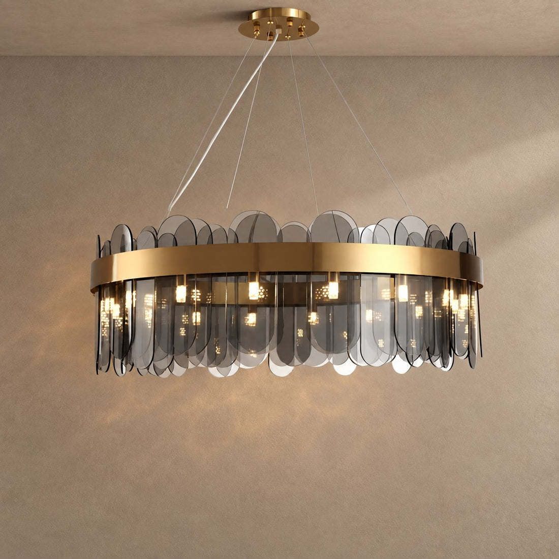 HALENA lighting on a mushroom taupe background with natural shadows