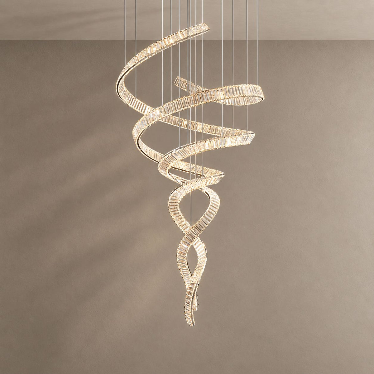 HELIX chandelier on mushroom taupe with soft natural shadows