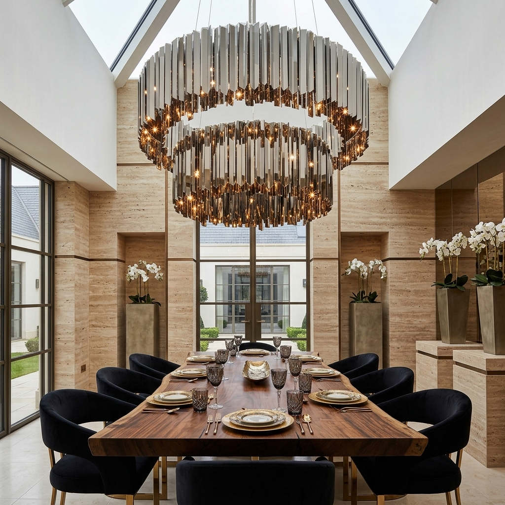 NOIRA Black & Gold Double-Tier Ring Chandelier — D80+D60 — Luxury Dining Room