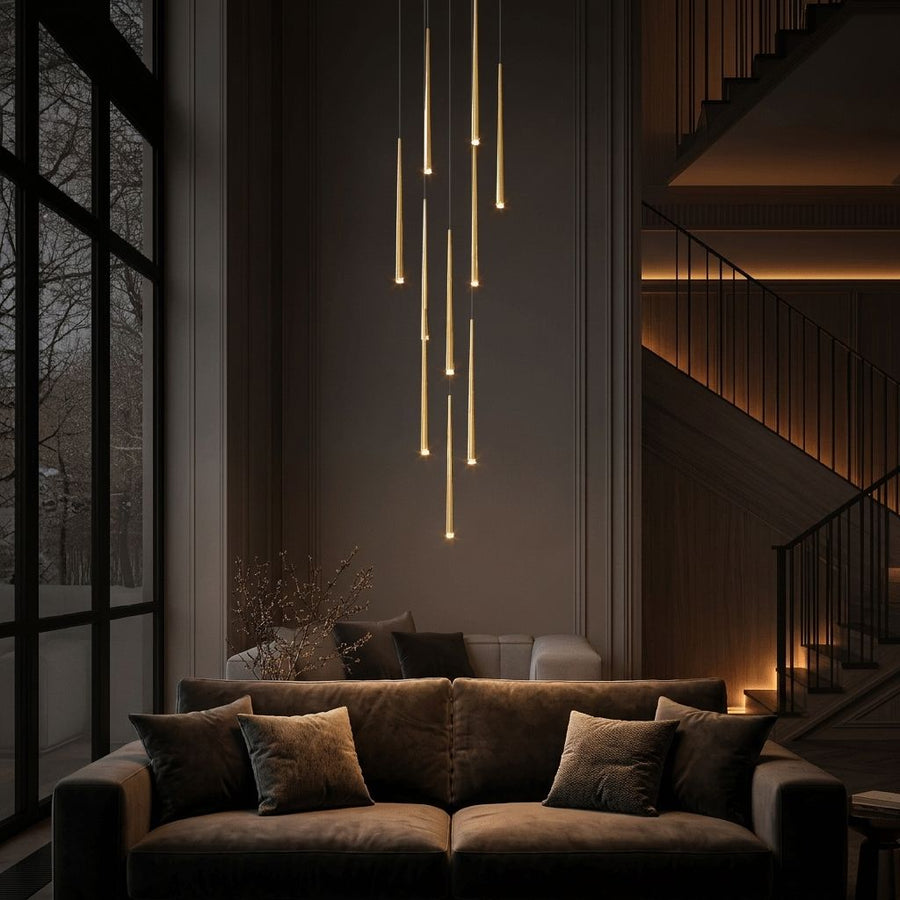FARA Staircase Chandelier – hero lifestyle, moody luxury interior