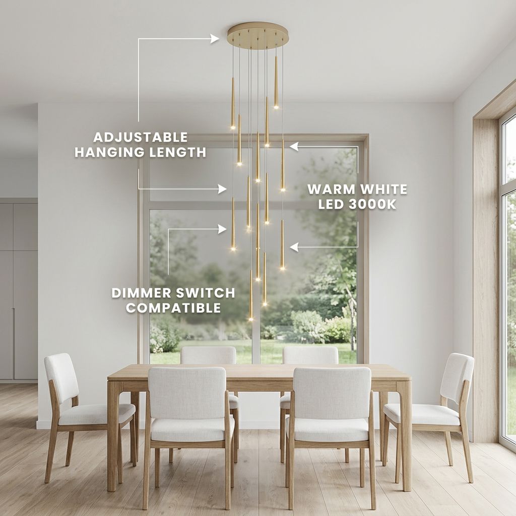 FARA Staircase Chandelier – feature callout: adjustable length, dimmable, warm white LED
