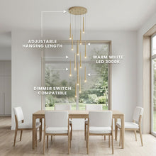 FARA Staircase Chandelier – feature callout: adjustable length, dimmable, warm white LED