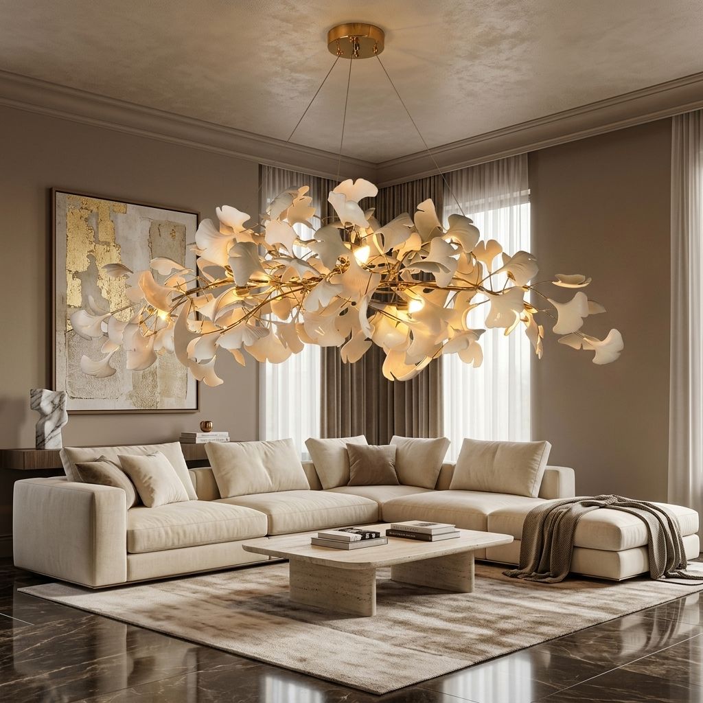 Gingko Folia Chandelier - grand living room setting