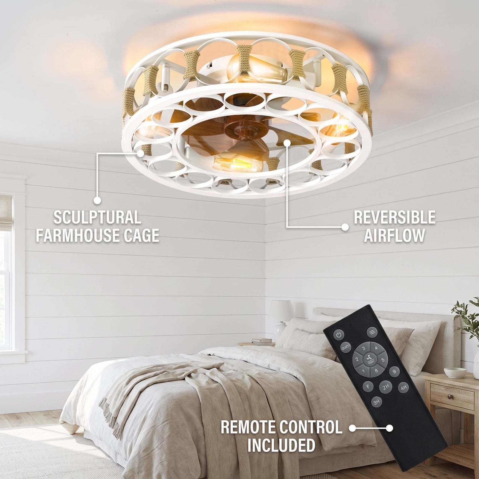 TALIA fan light feature callout - farmhouse cage, reversible airflow, remote control