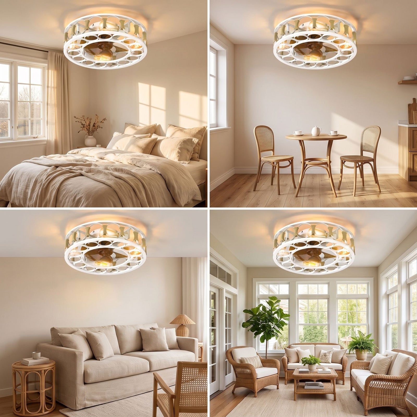 TALIA fan light shown in bedroom, breakfast nook, living room and sunroom