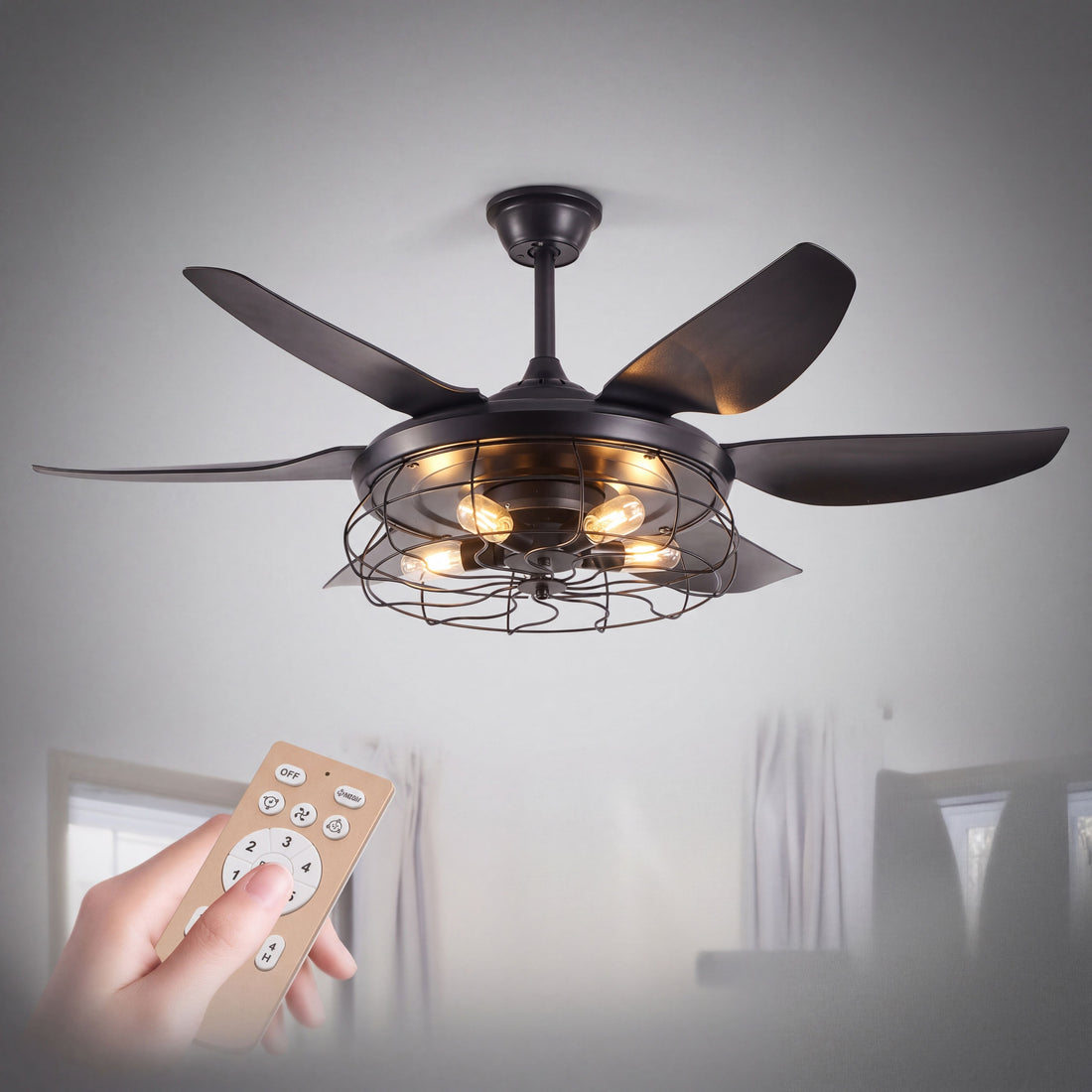 BRONTE black farmhouse caged ceiling fan hero product photo on grey studio background