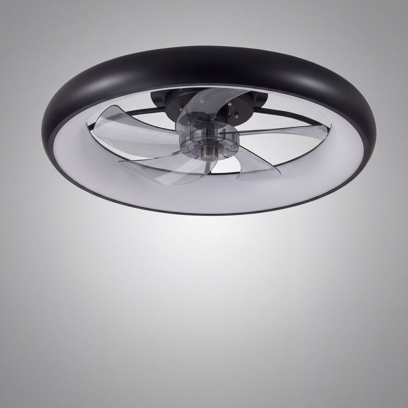 NERIA black low-profile app-controlled fan hero product photo on grey studio background