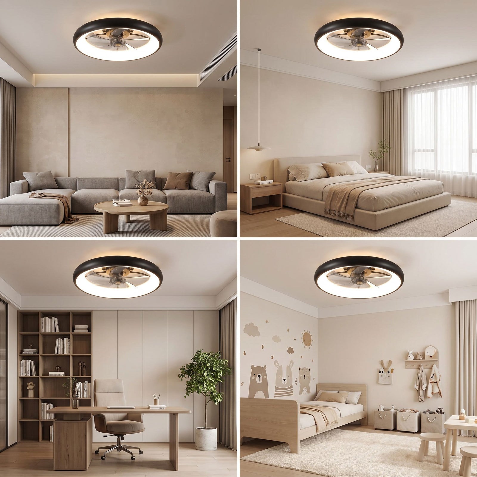 NERIA fan shown in living room, bedroom, home office and kids room