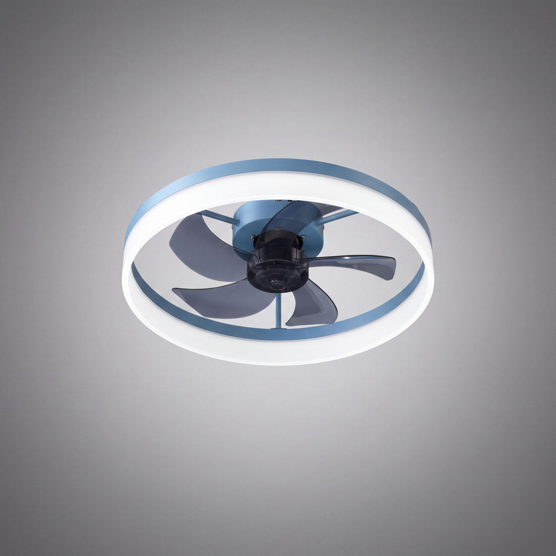 VIRENA blue-accented low-profile fan hero product photo on grey studio background