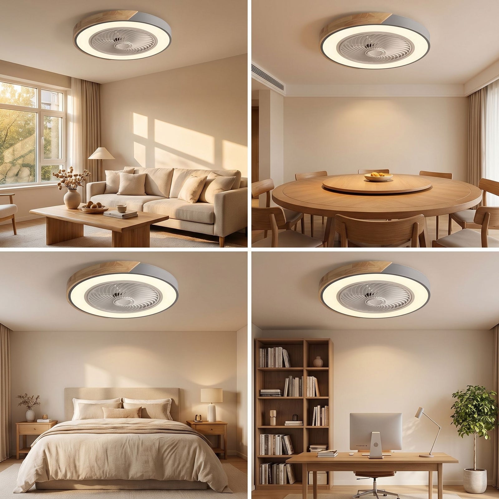 HERA ceiling fan shown in living room, dining room, bedroom and home office
