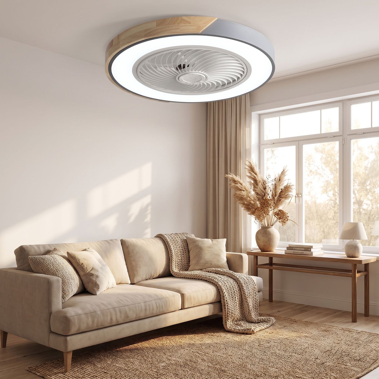 HERA ceiling fan in living room angled view