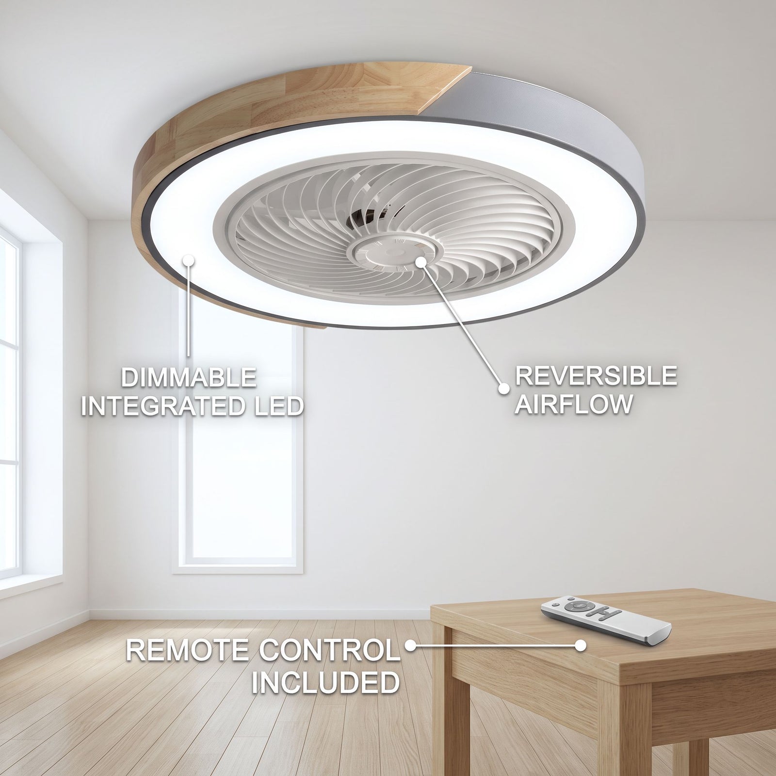 HERA ceiling fan feature callout - reversible airflow, dimmable LED, remote control