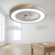HERA ceiling fan feature callout - reversible airflow, dimmable LED, remote control