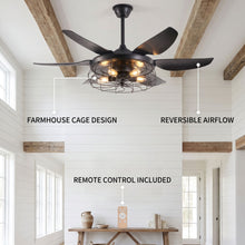 BRONTE fan feature callout - farmhouse cage, reversible airflow, remote control