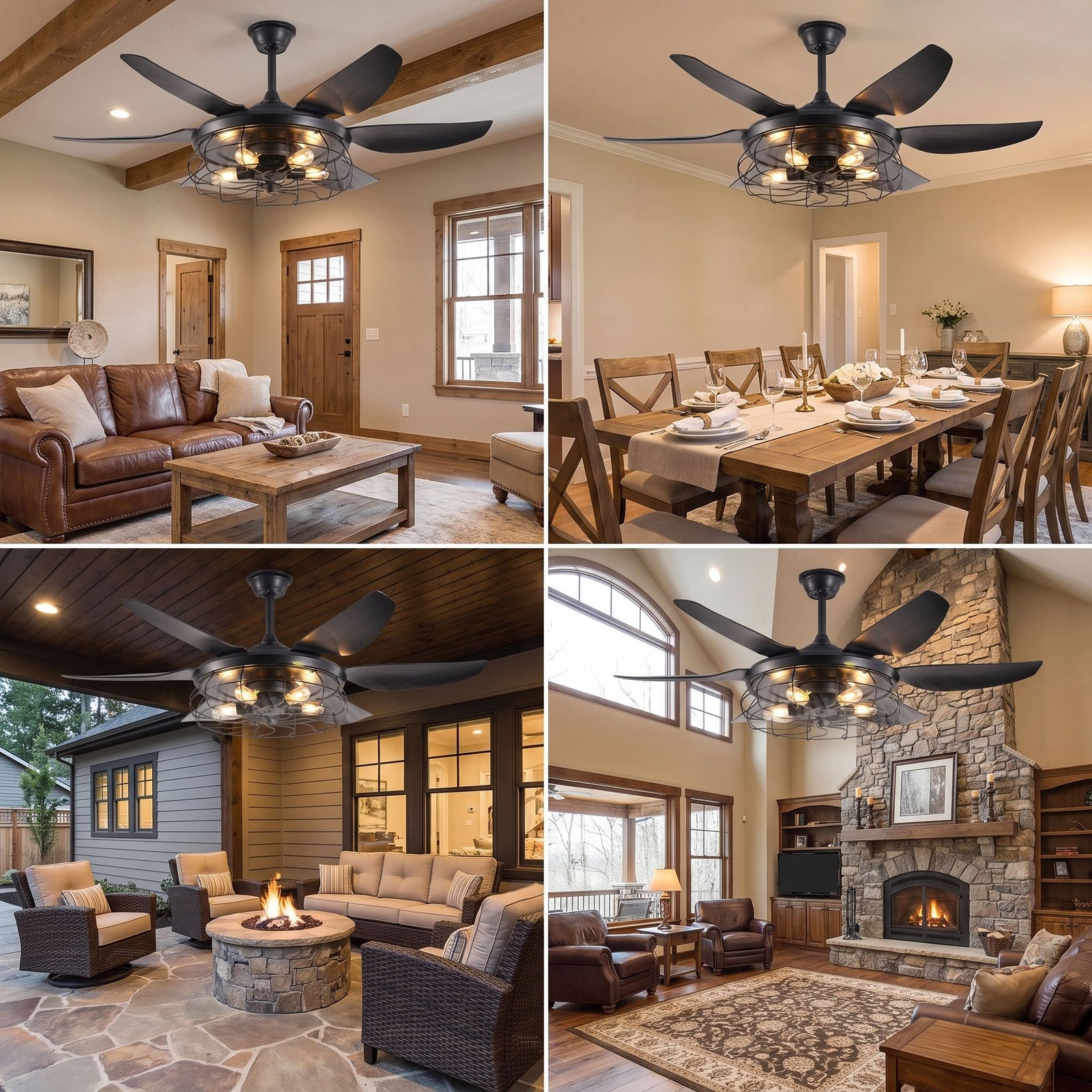 BRONTE fan shown in living room, dining room, patio and great room