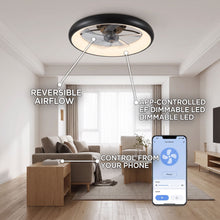 NERIA fan feature callout - reversible airflow, app-controlled LED, phone control