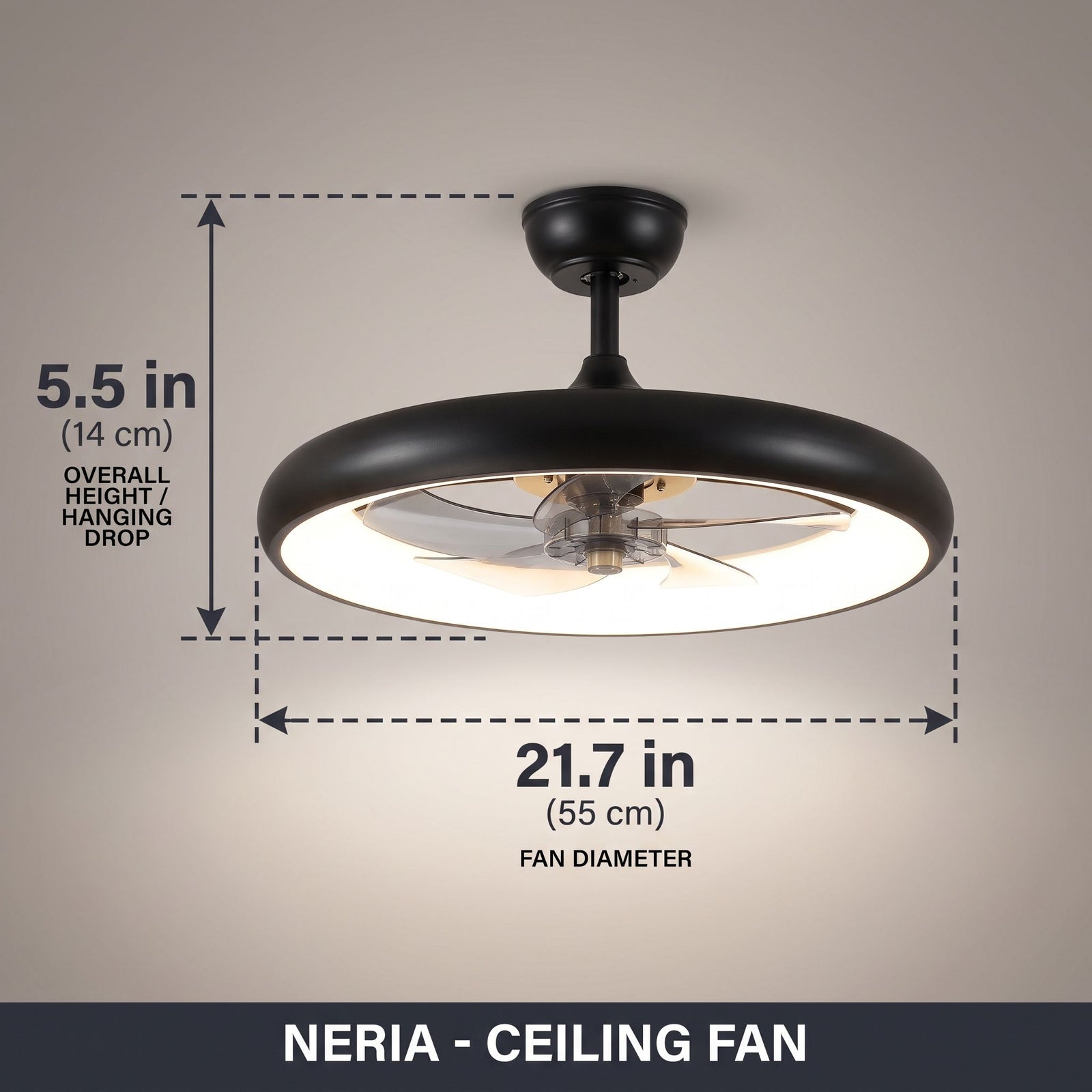 NERIA fan dimensions - 21.7in diameter, 5.5in height