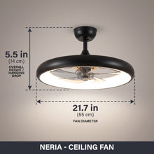 NERIA fan dimensions - 21.7in diameter, 5.5in height