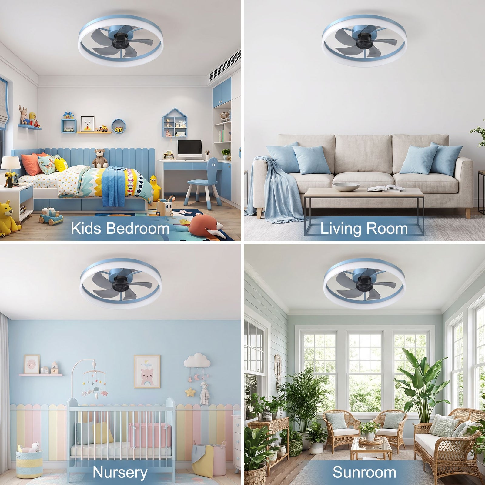 VIRENA fan shown in kids bedroom, living room, nursery and sunroom