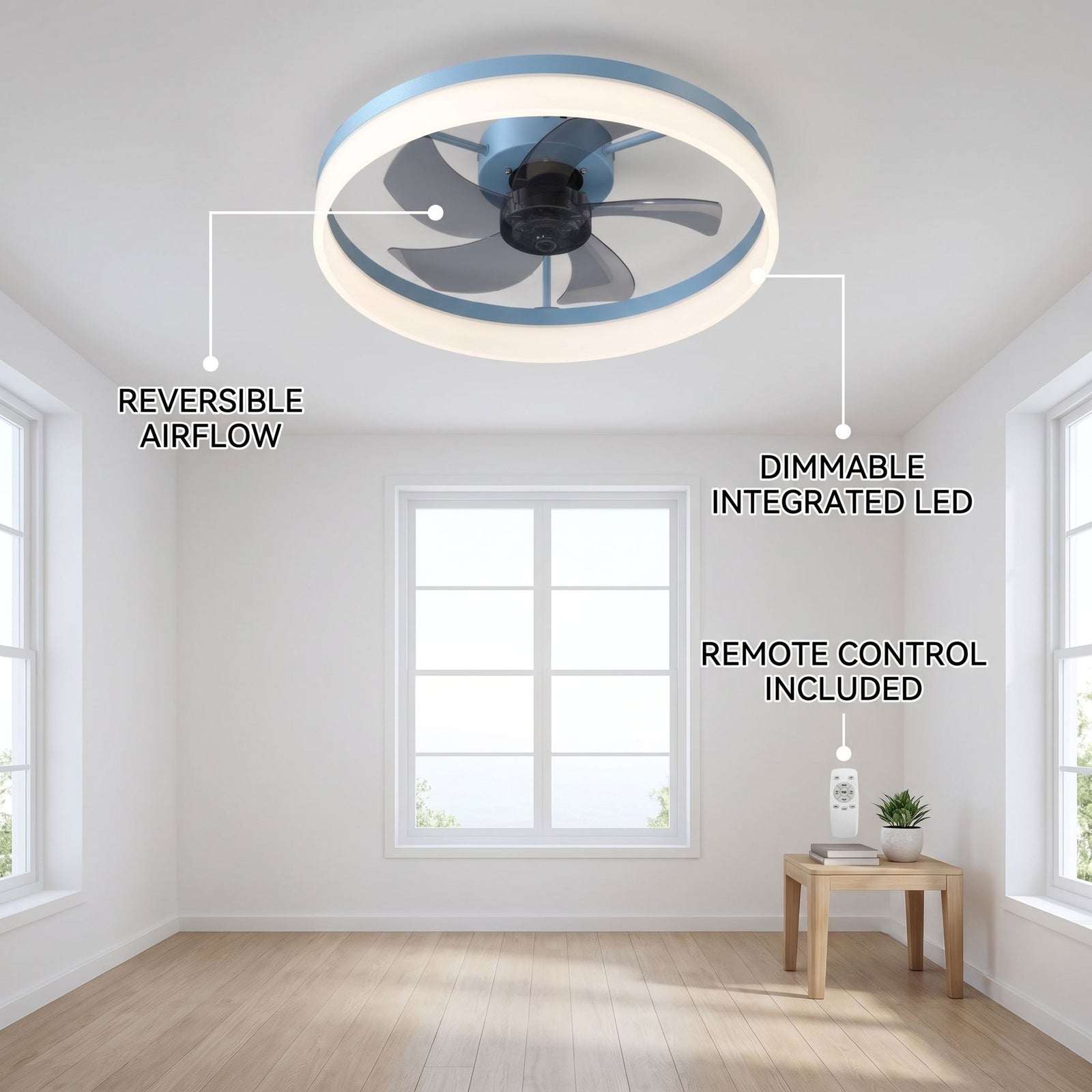 VIRENA fan feature callout - reversible airflow, dimmable LED, remote control