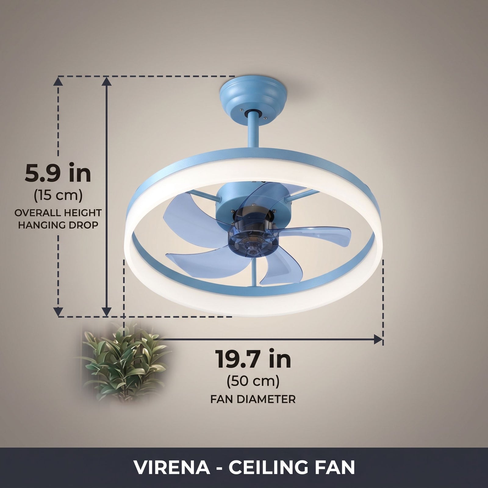 VIRENA fan dimensions - 19.7in diameter, 5.9in height