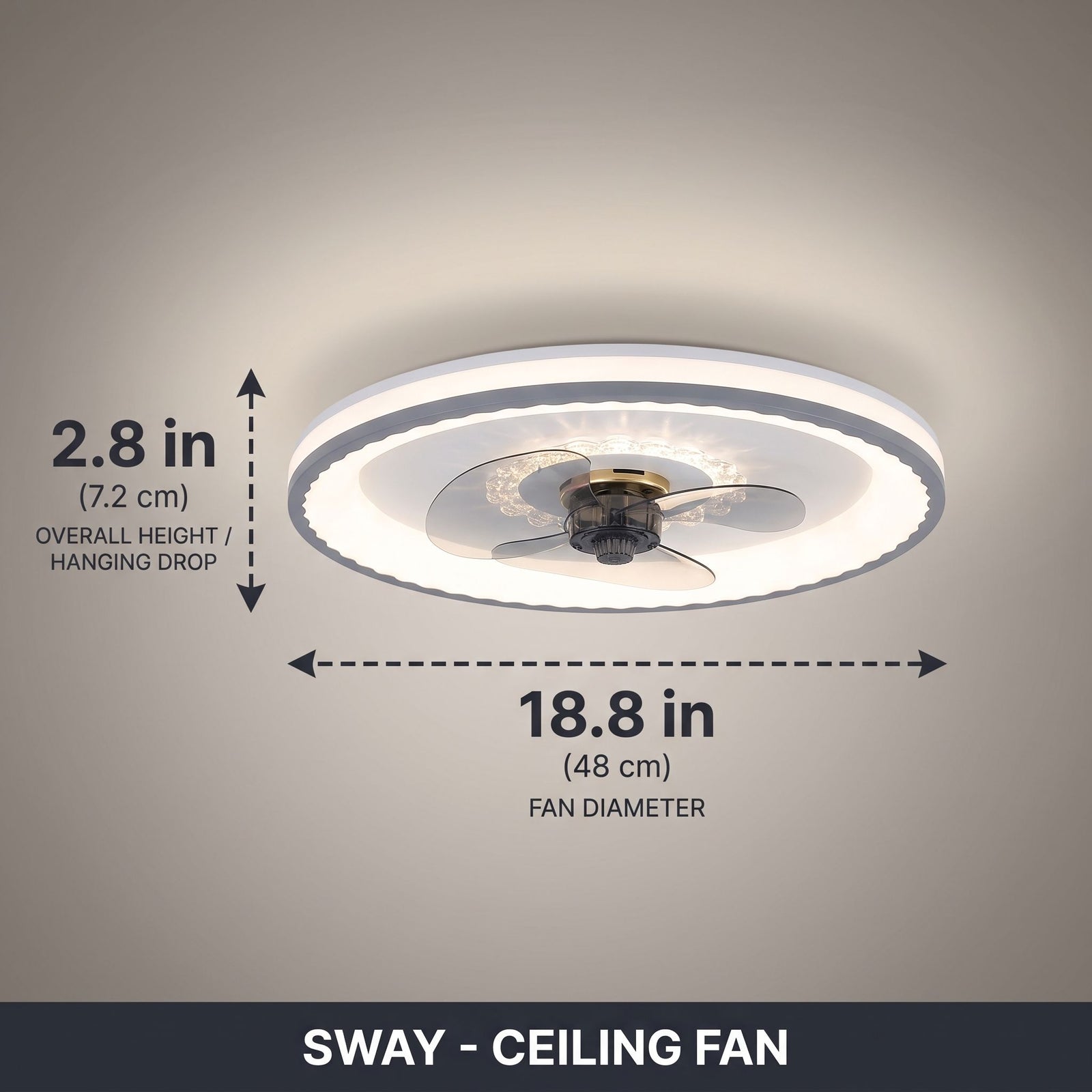 SWAY fan dimensions - 18.8in diameter, 2.8in height