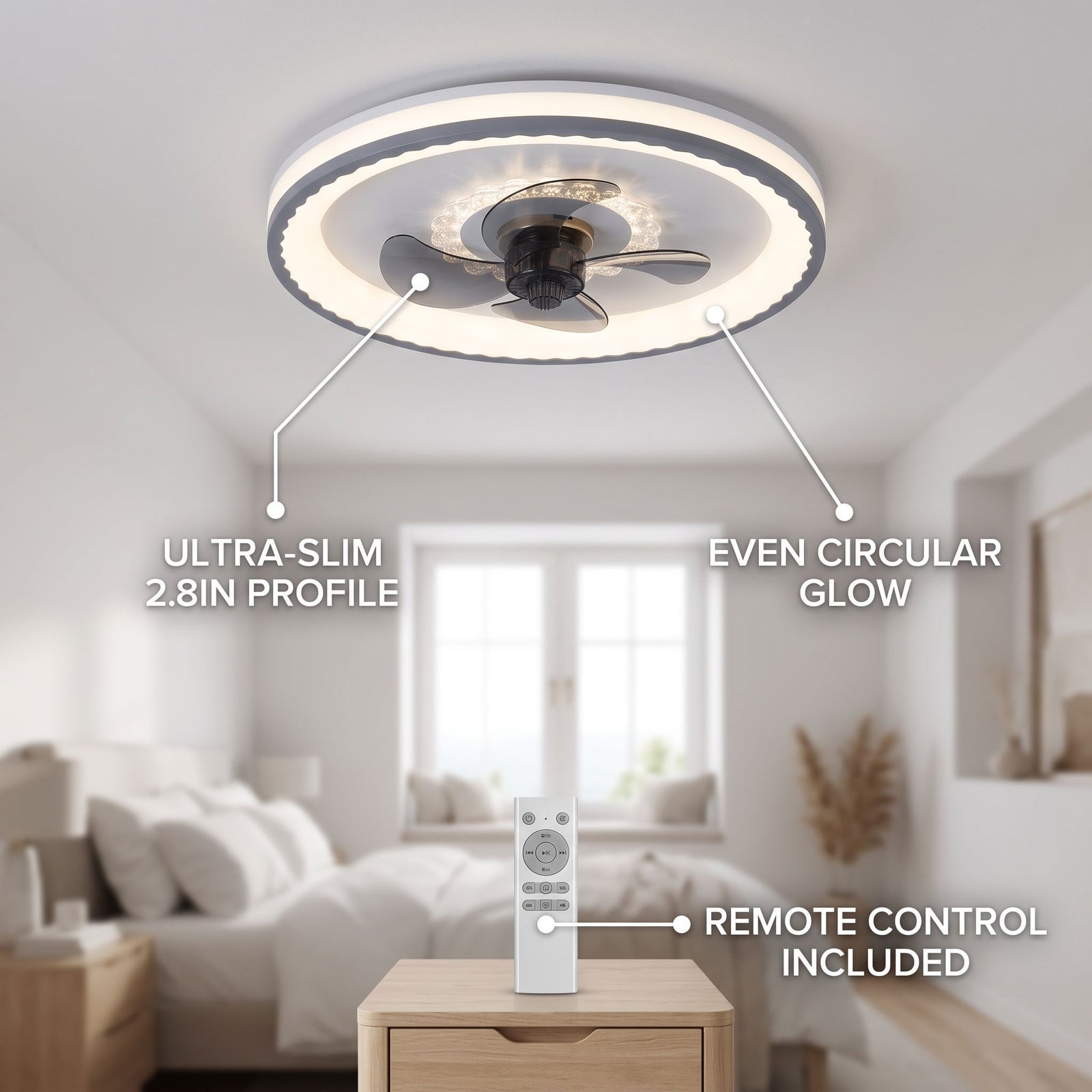 SWAY fan feature callout - ultra-slim profile, even glow, remote control