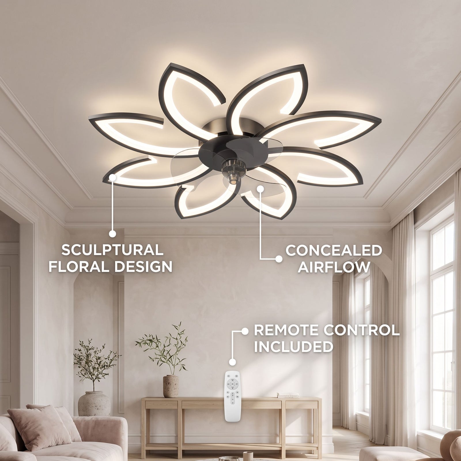 AERO fan feature callout - floral design, concealed airflow, remote control