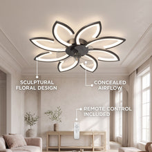 AERO fan feature callout - floral design, concealed airflow, remote control