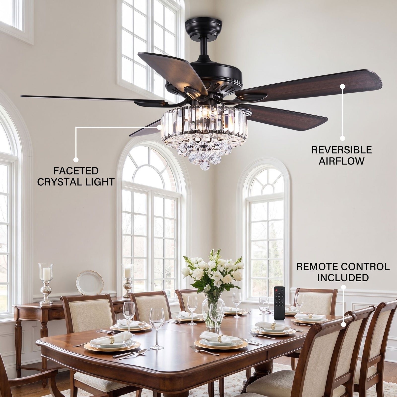 VORTEX fan feature callout - faceted crystal light, reversible airflow, remote control