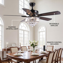 VORTEX fan feature callout - faceted crystal light, reversible airflow, remote control