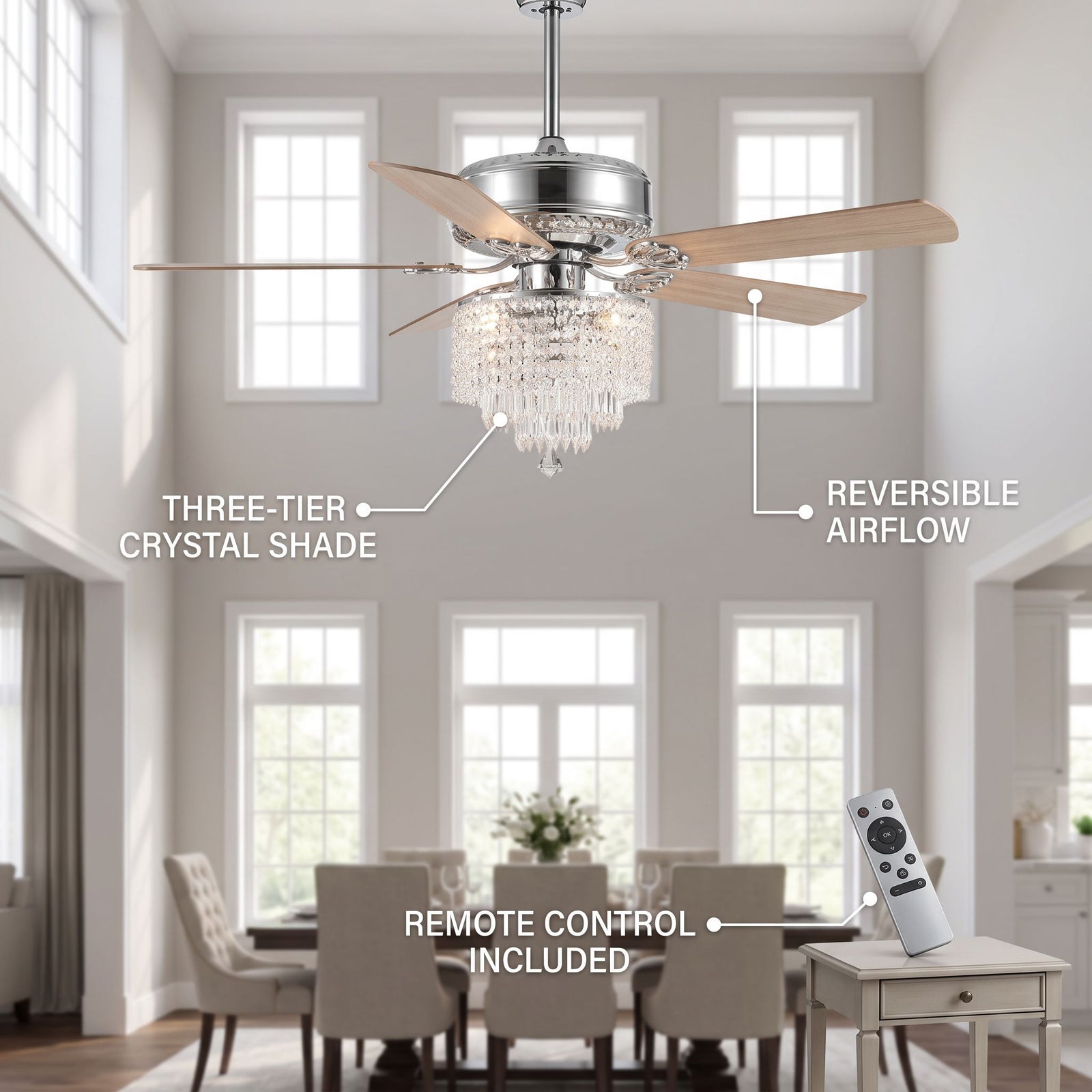 WHIRL fan feature callout - three-tier crystal shade, reversible airflow, remote control
