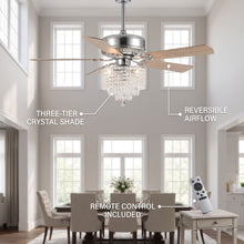 WHIRL fan feature callout - three-tier crystal shade, reversible airflow, remote control