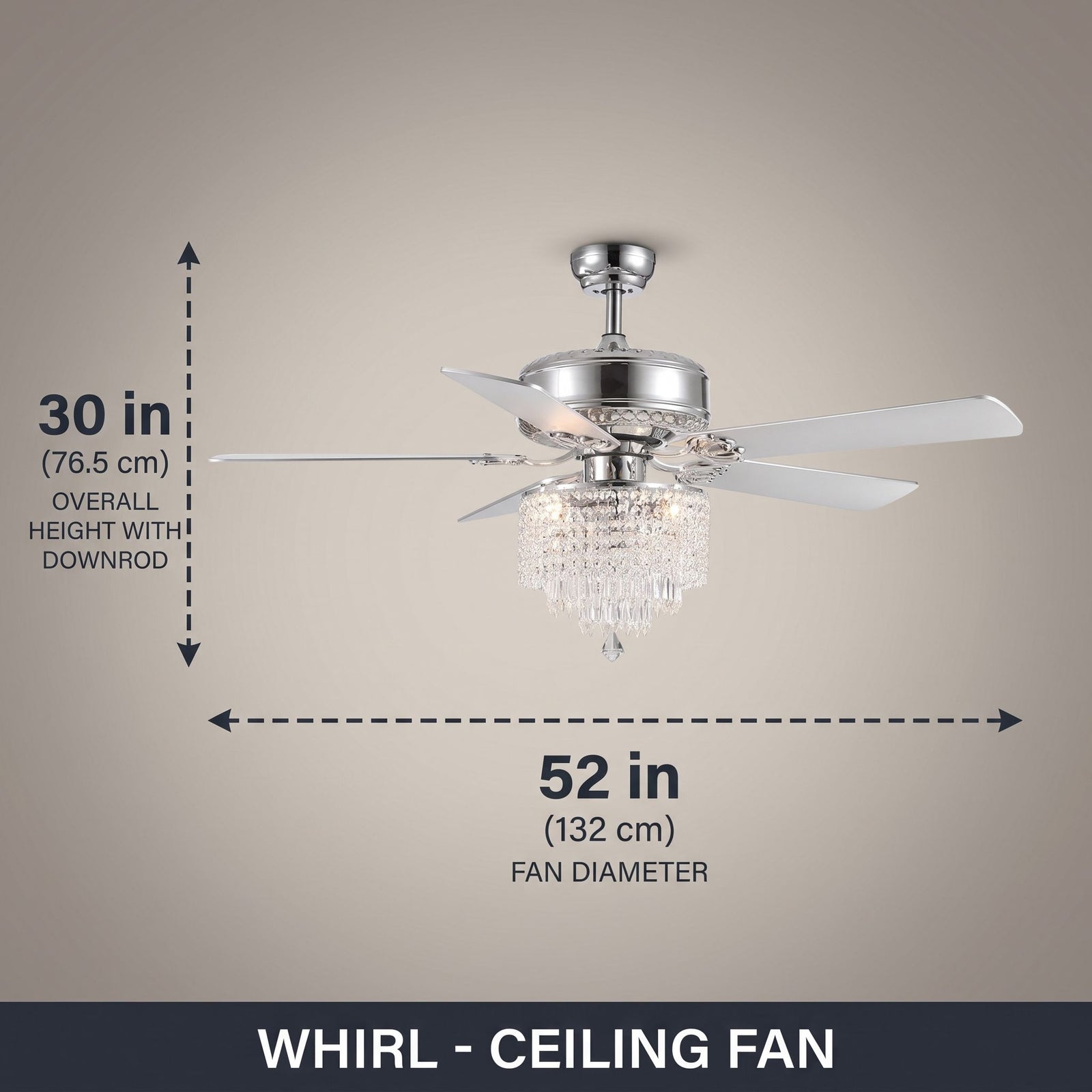 WHIRL fan dimensions - 52in diameter, 30in height