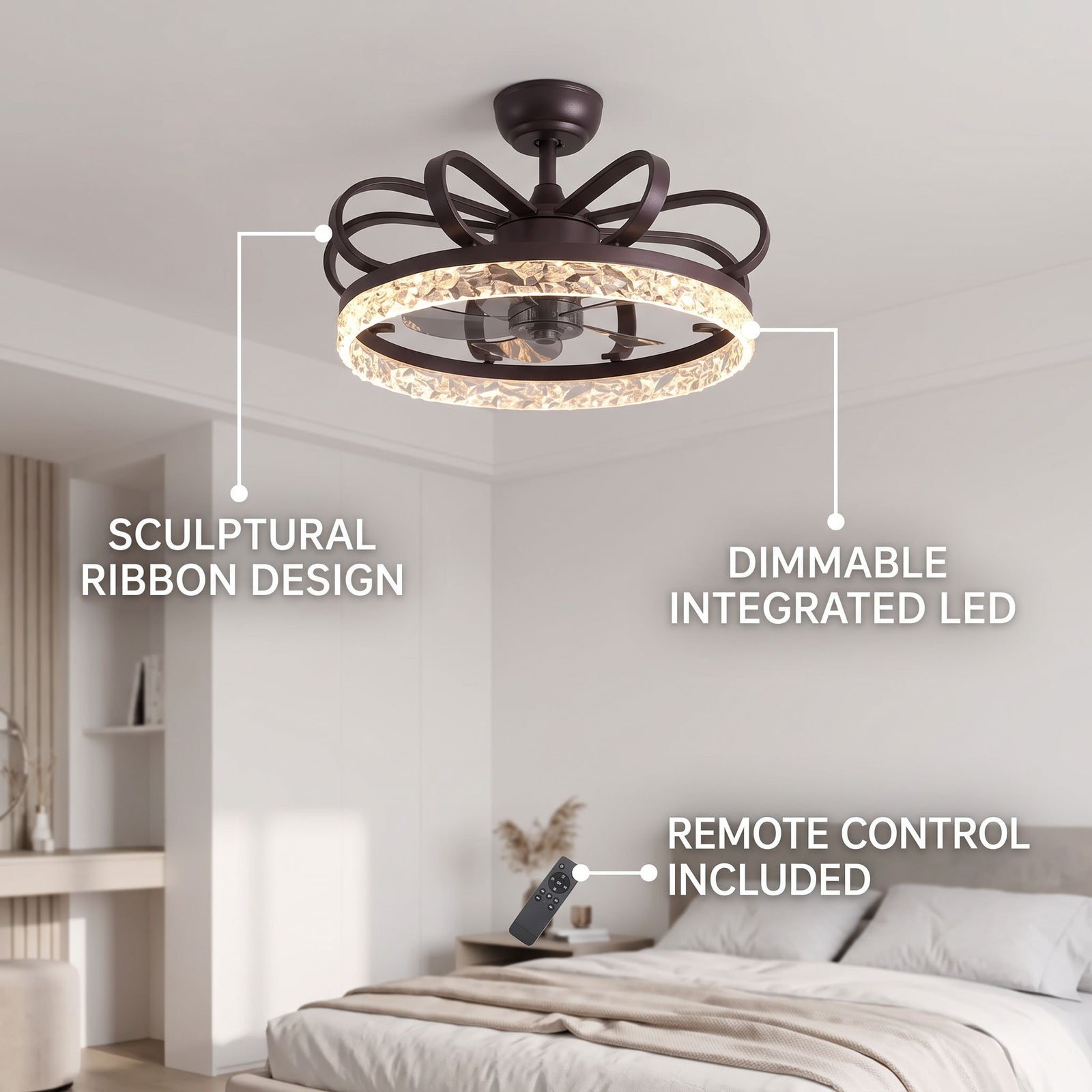 TWIST fan feature callout - sculptural ribbon design, dimmable LED, remote control