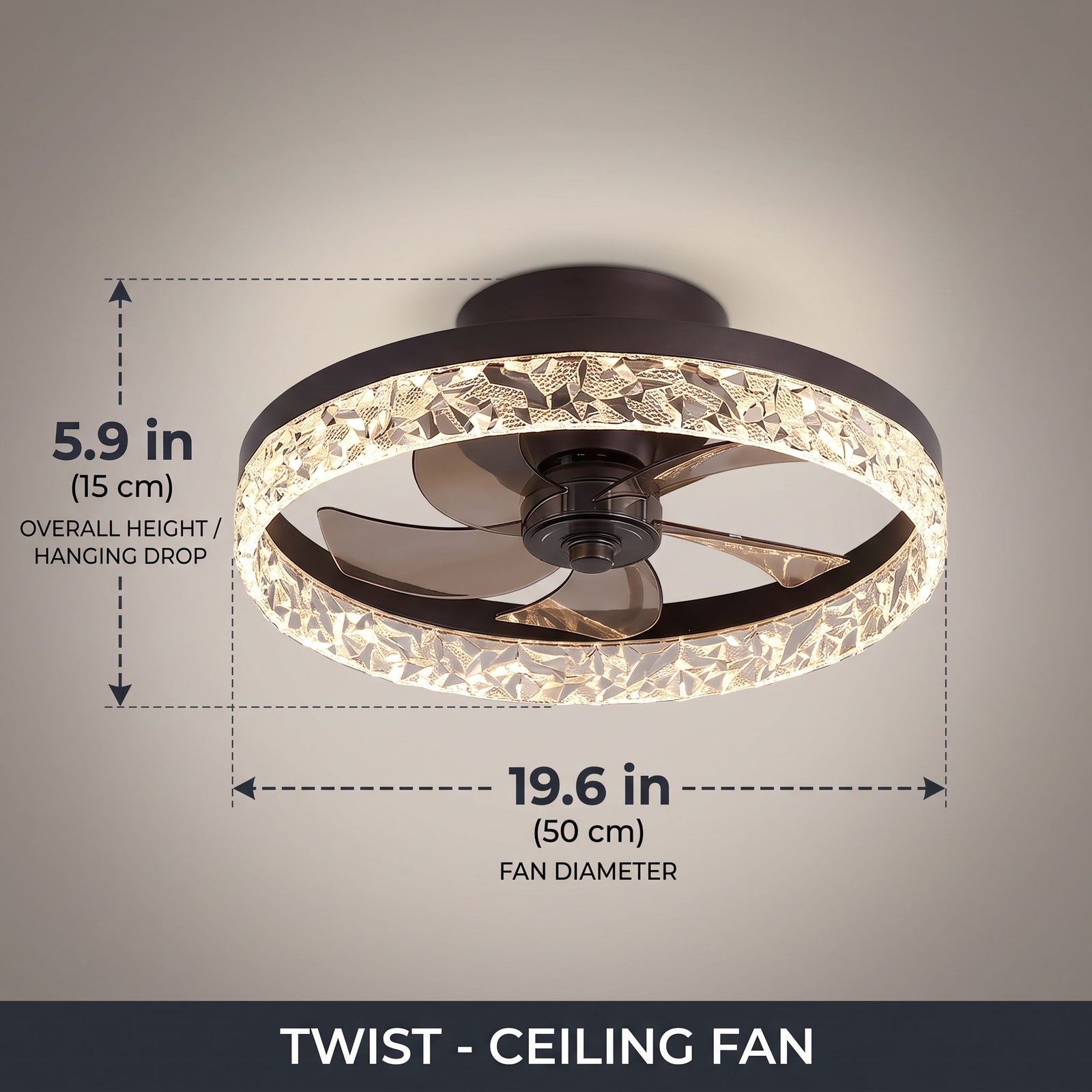 TWIST fan dimensions - 19.6in diameter, 5.9in height