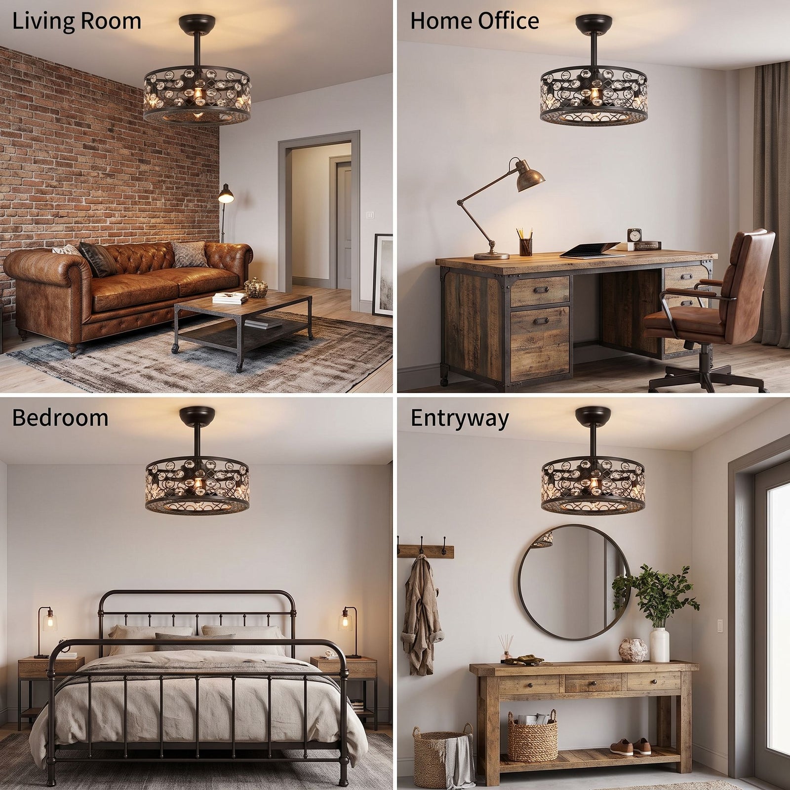 DRIFT fan shown in living room, home office, bedroom and entryway