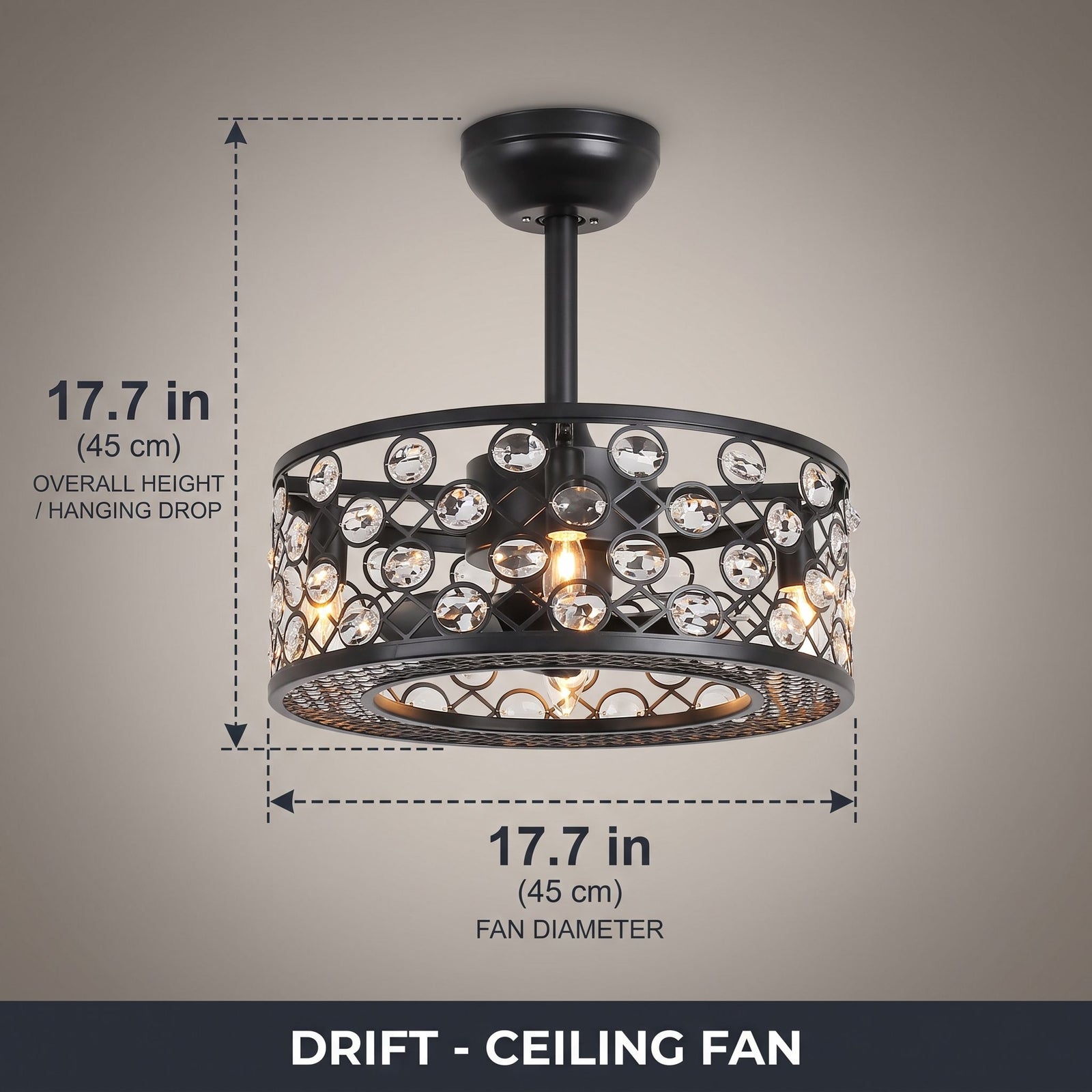 DRIFT fan dimensions - 17.7in diameter, 17.7in height