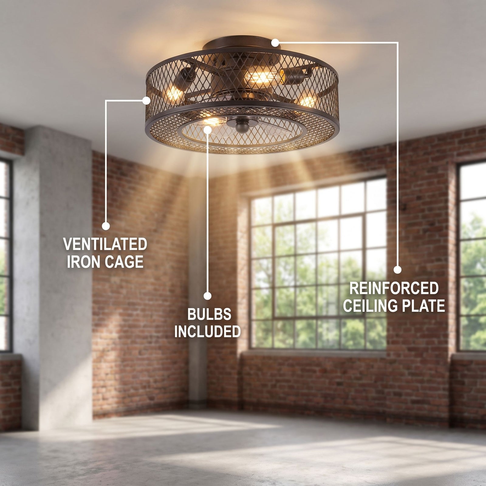 AREVA fan feature callout - ventilated iron cage, bulbs included, reinforced ceiling plate