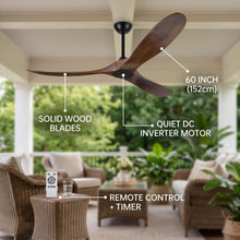 ORIELLE fan feature callout - solid wood blades, quiet DC motor, remote and timer