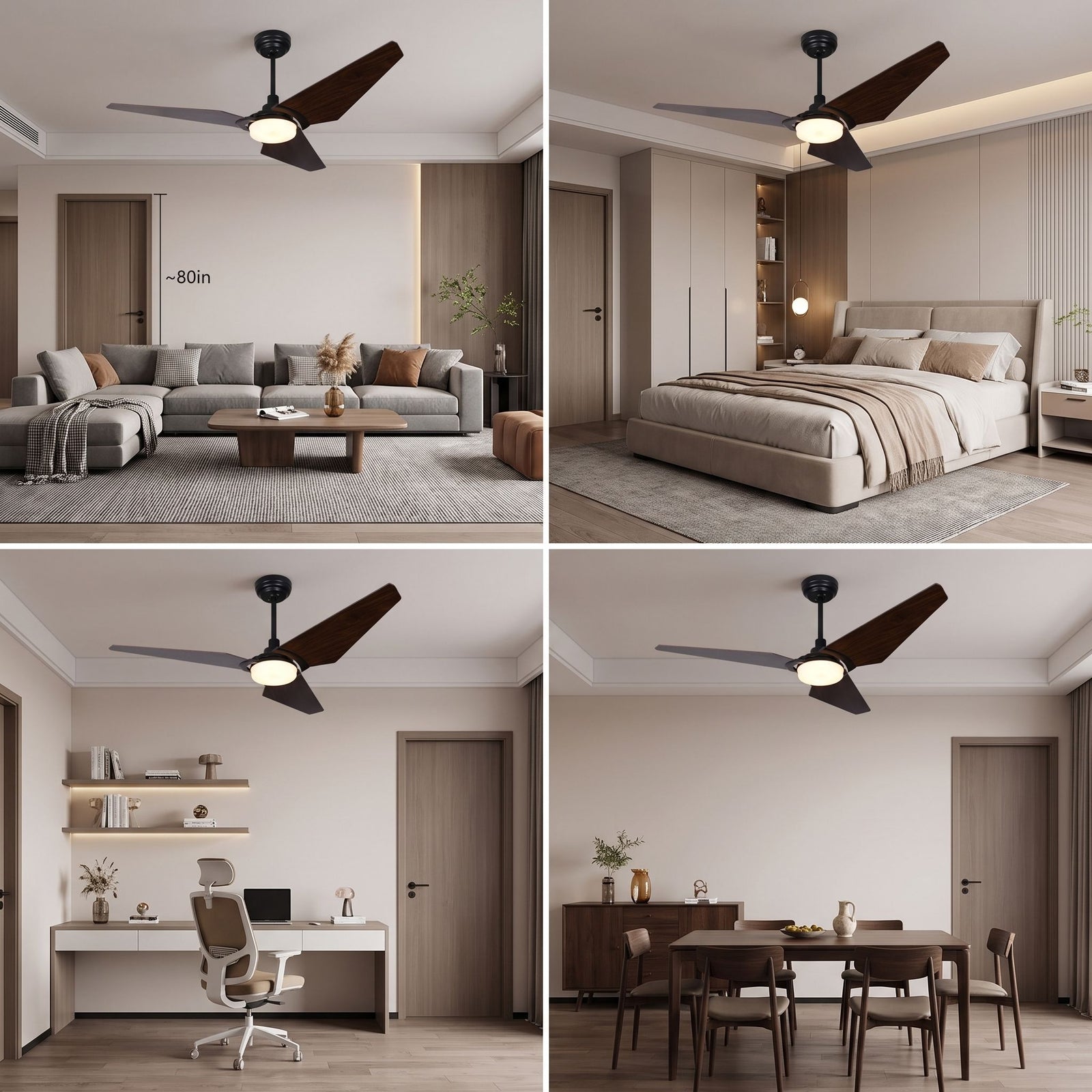 SAELIA fan shown in living room, bedroom, home office and dining room