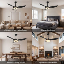 RIVELLE fan shown in living room, bedroom, dining room and great room