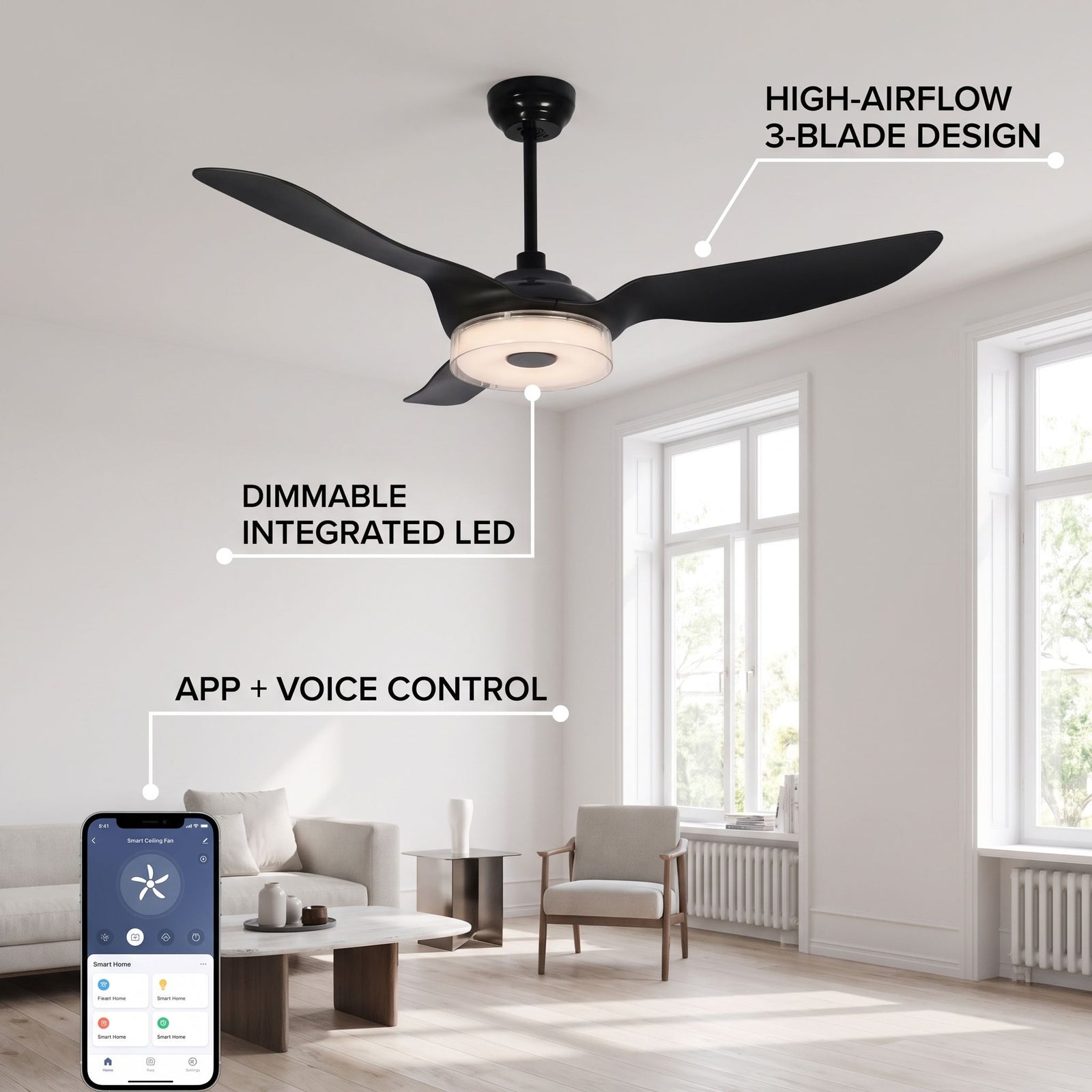 RIVELLE fan feature callout - high-airflow blades, dimmable LED, app and voice control