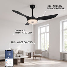 RIVELLE fan feature callout - high-airflow blades, dimmable LED, app and voice control