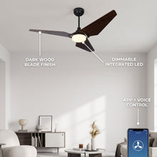 SAELIA fan feature callout - dark wood blades, dimmable LED, app and voice control