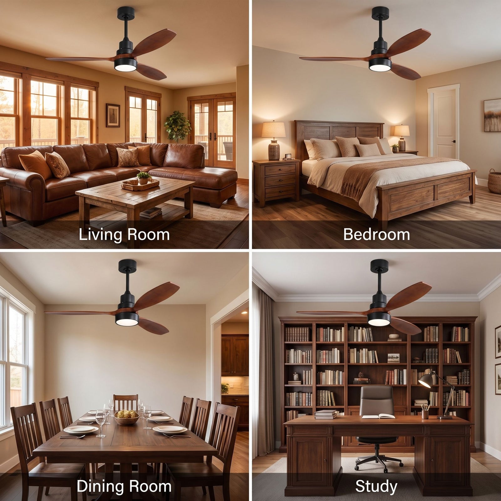 LUMERA fan shown in living room, bedroom, dining room and study